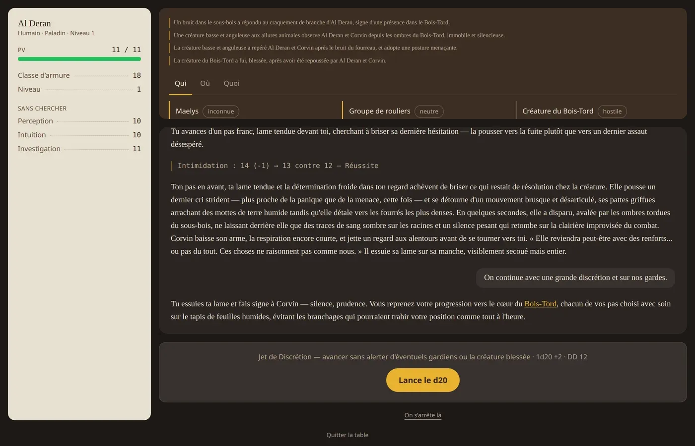 La table : le récit du maître de jeu au centre, la feuille de personnage à gauche, et un jet d’Intimidation réussi affiché avec son total.