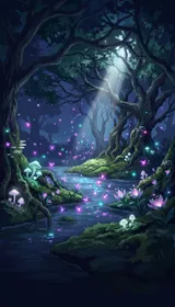 La Clairière aux Lucioles : une clairière violette pleine de lucioles.