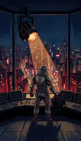 La Vigie : une silhouette de héros sur les toits d'une ville la nuit.