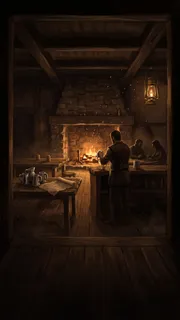 La Taverne : un aubergiste essuie une chope devant un grand feu de pierre.