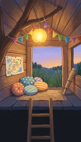 La Cabane Perchée : une cabane dans un grand arbre, fenêtres allumées.
